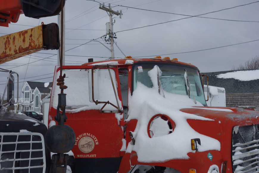 Wellfleet-Harbormaster-Crane-Truck,-Snow,-Cape-Cod-MA-1