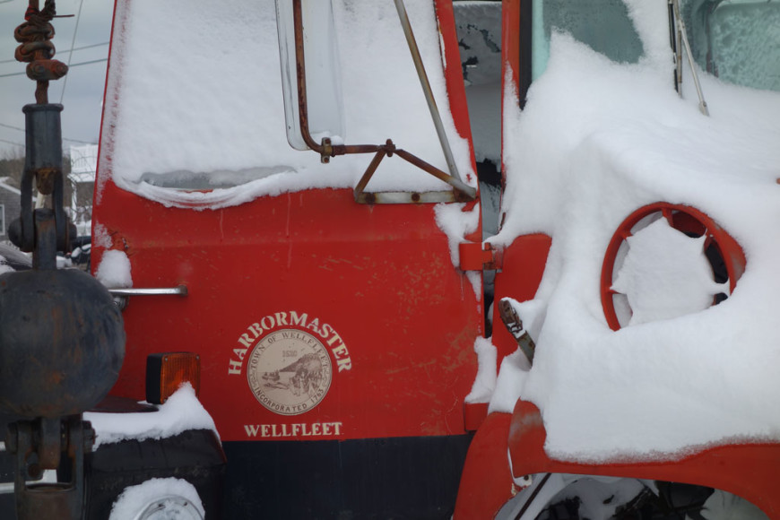 Wellfleet-Harbormaster-Crane-Truck,-Snow,-Cape-Cod-MA