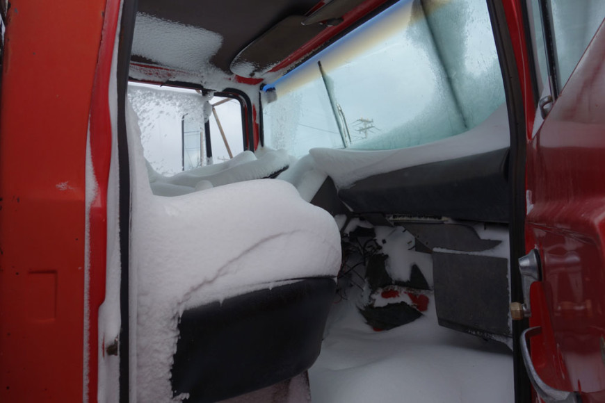 Wellfleet-Harbormaster-Crane-Truck Interior,-Snow,-Cape-Cod-MA