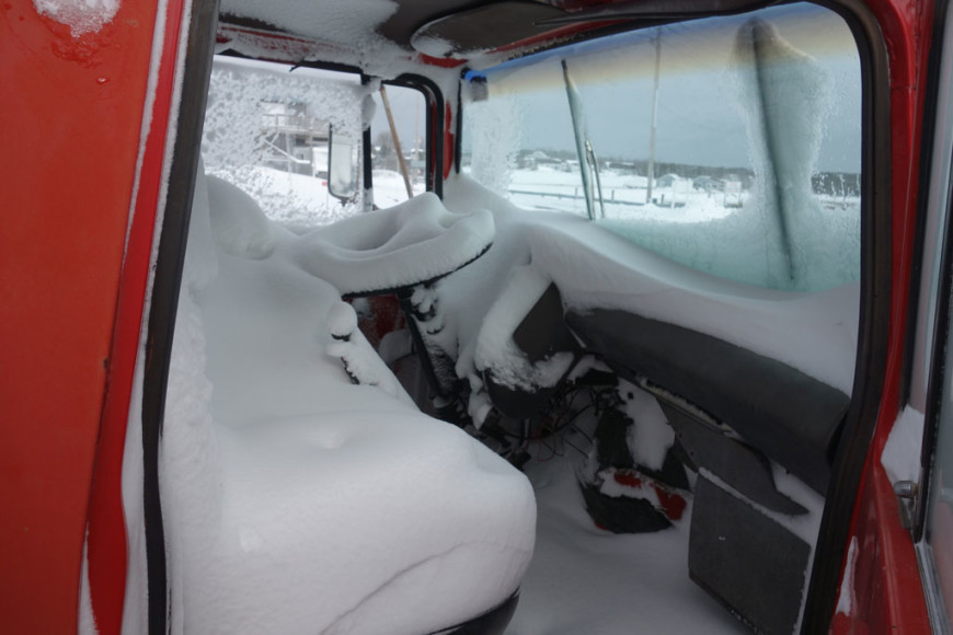 Wellfleet-Harbormaster-Crane-Truck Interior,-Snow,-Cape-Cod-MA